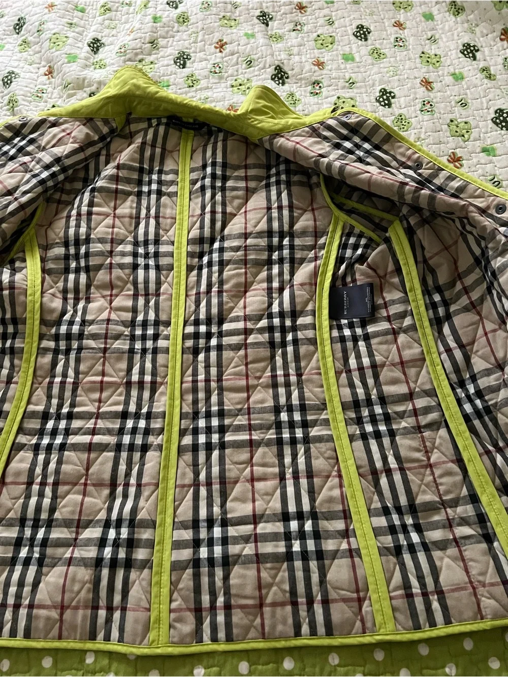 Burberry Quilted Lime Green Jacket with Plaid Lining